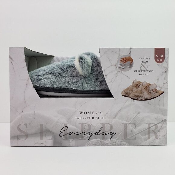 Everyday Slipper Womens Size S/M 6-8 Gray Faux Fur Critter Ears Slide Slippers - Picture 1 of 6